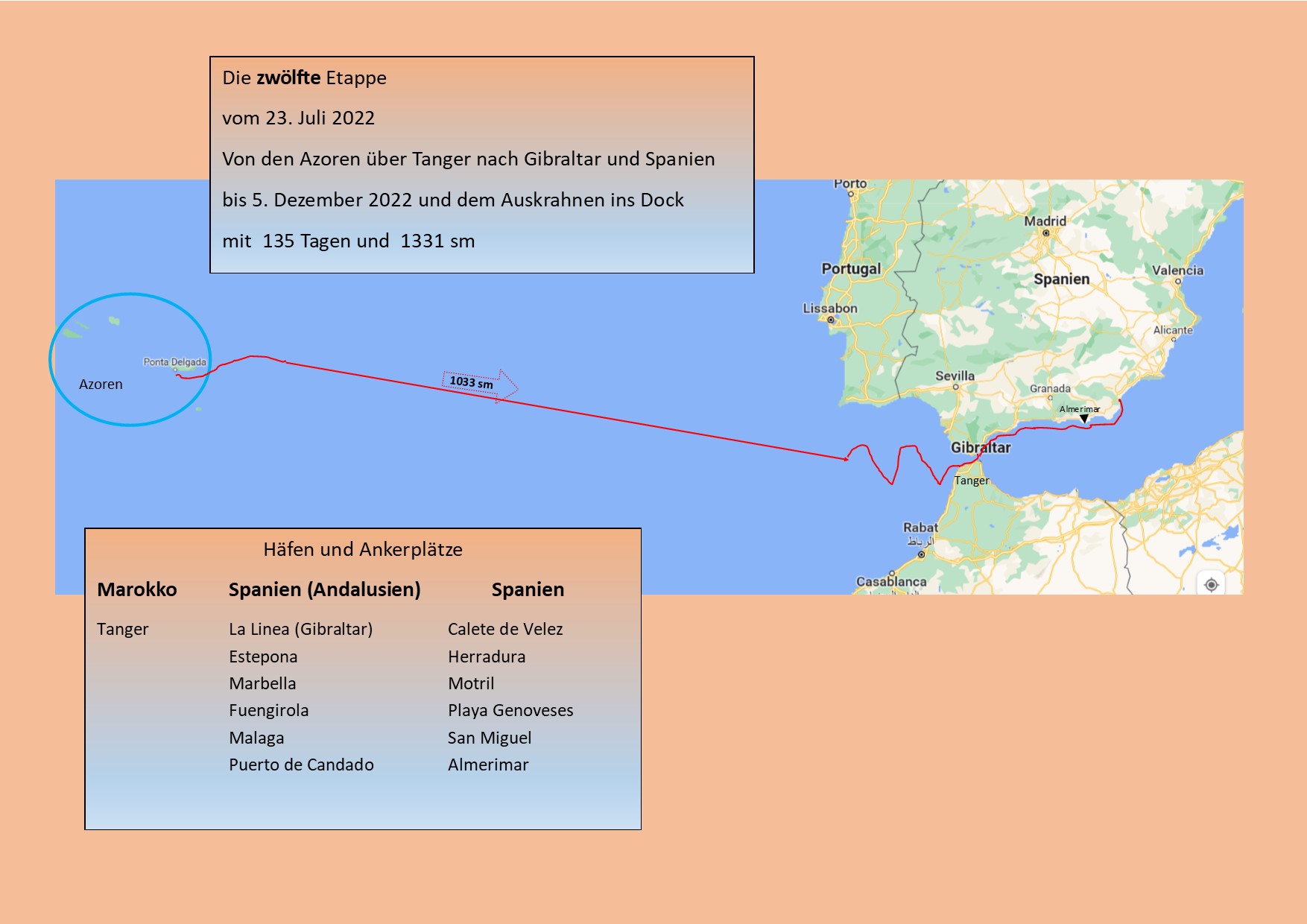 12 Etappe von den Azoren nach Gibraltar und Spanien